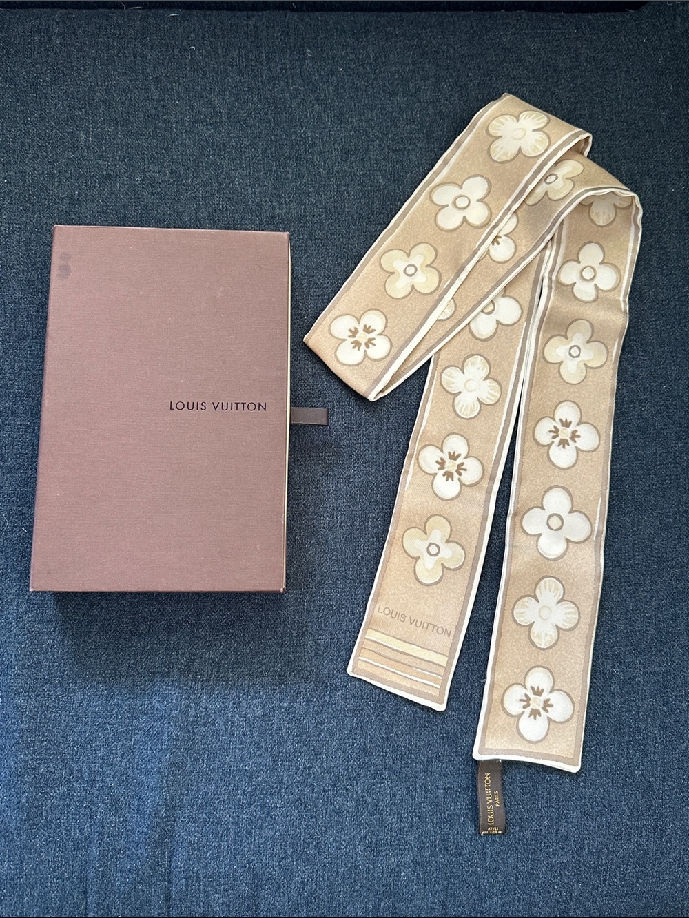 Louis Vuitton Beige & Cream Monogram Flower Silk Scarf Twilly AUTH w/ box & tag